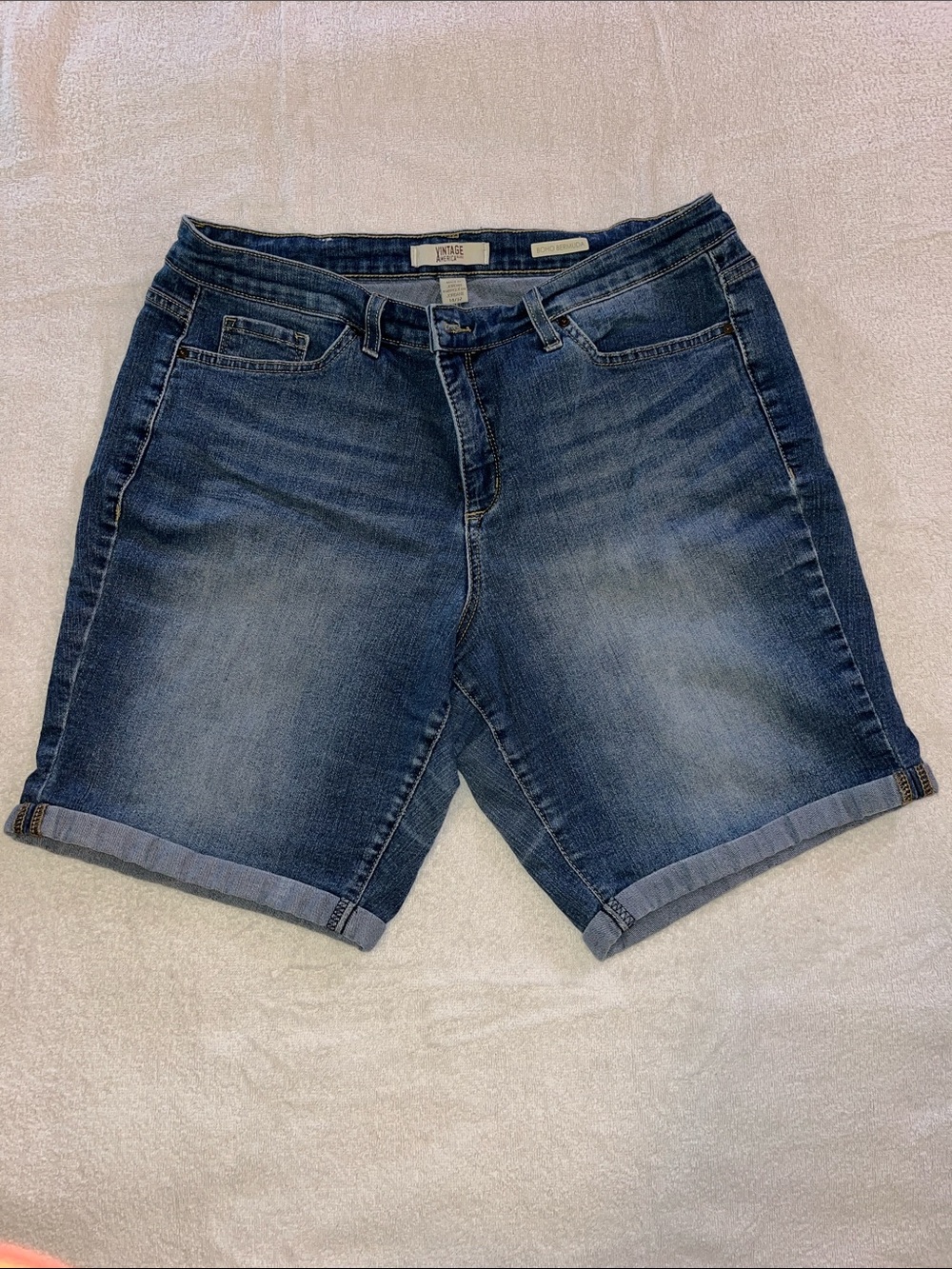 Vintage America Dark Blue Rolled-Hem Denim Shorts